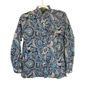 Lauren Ralph Lauren Blue Paisley Blouse PM Petite Medium Boho Coastal Grandma